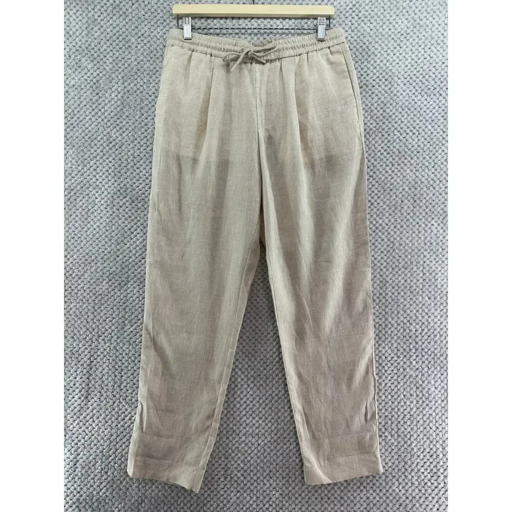 ZARA Linen Pull On Pants Womens Medium Cream Elastic Wasit Pockets High Rise